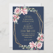 Blush Pink Magnolia Geometric Blue Navy Hochzeit Einladung (Vorderseite)