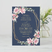 Blush Pink Magnolia Geometric Blue Navy Hochzeit Einladung (Stehend Vorderseite)