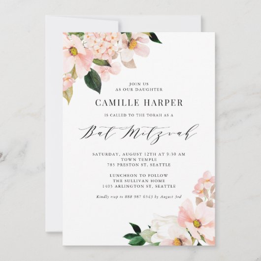 Blush Pink Magnolia und Hydrangea Bat Mitzvah Einladung (Vorderseite)