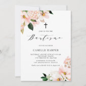 Blush Pink Magnolia und Hydrangea Bautismo Einladung (Vorderseite)