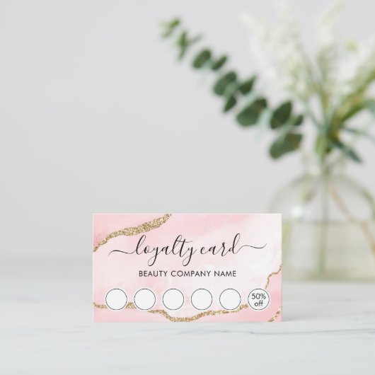 Blush Pink Marble Agate Script Loyalty Card Visitenkarte (Stehend Vorderseite)