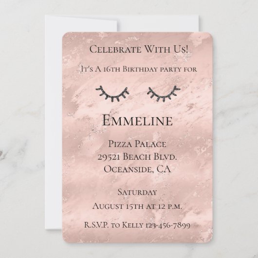 Blush Pink Marble Glitzy Black Glitzer Eyelashes Einladung (Vorderseite)