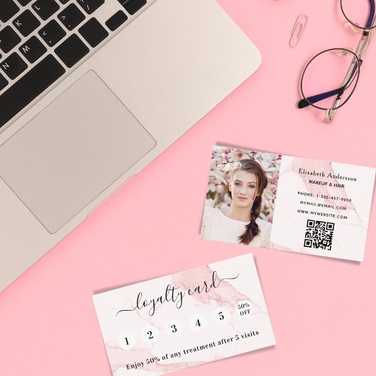 Blush pink marble qr code photo loyalty card visitenkarte