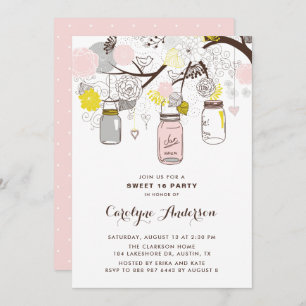 Blush Pink Mason Jars Floral 16 . Geburtstag Party Einladung