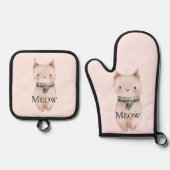 Blush Pink Meow Cat Ofenhandschuh & Topflappen-Set (Vorderseite)