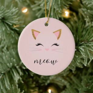 Blush PInk Meow Whiskers Kitty Keramik Ornament