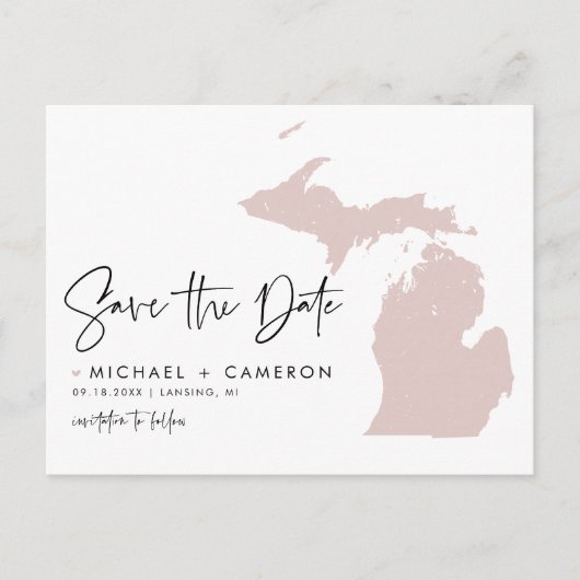 Blush Pink Michigan Karte Modern Save the Date (Vorderseite)
