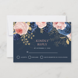 Blush Pink & Midnight Navy Florals Elegante Hochze RSVP Karte