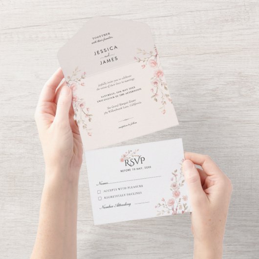 Blush Pink Minimalist Flowers Wedding All In One Einladung (Abreißtisch)