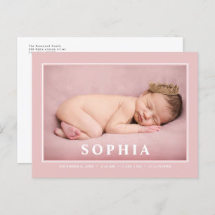 Blush Pink Minimalistisch Baby Girl Geburtserkläru Postkarte