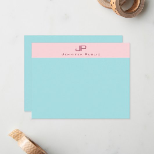 Blush Pink Mint Blue Monogram Simple Elegant Mitteilungskarte (Vorderseite/Rückseite Beispiel)