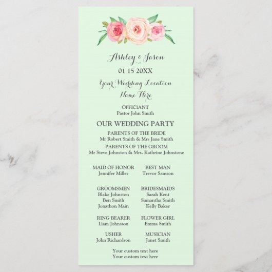Blush Pink Mint Green Floral Hochzeitsprogramm Programm (Rückseite)