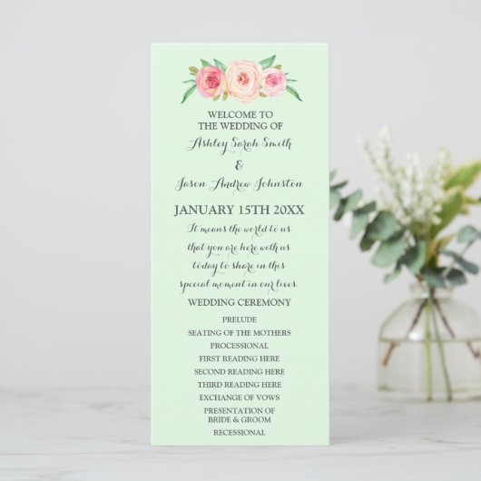 Blush Pink Mint Green Floral Hochzeitsprogramm Programm (Stehend Vorderseite)