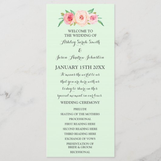 Blush Pink Mint Green Floral Hochzeitsprogramm Programm (Vorderseite)