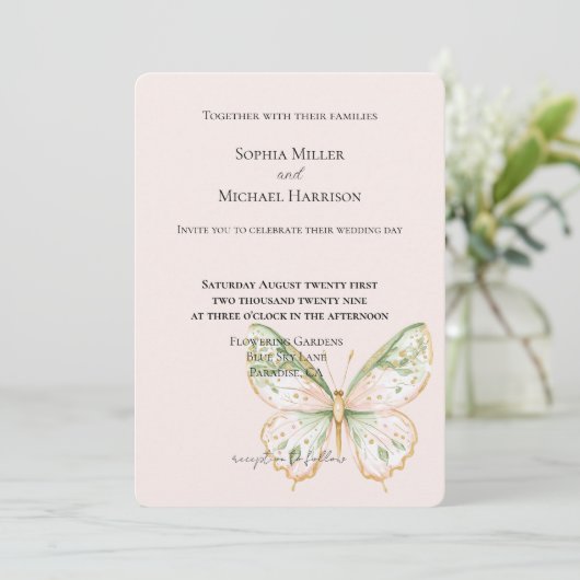 Blush Pink Mint Green Gold Butterfly Wedding Einladung (Stehend Vorderseite)