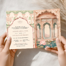 Blush Pink Mint Green Lotus Garden Indian Wedding Einladung