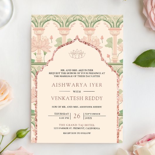 Blush Pink Mint Green Lotus Garden Indian Wedding Einladung