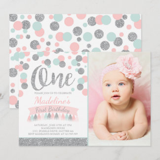 Blush Pink Minze und Silber 1. Geburtstag Einladun Einladung