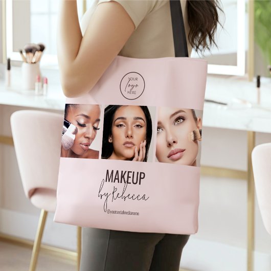 Blush Pink Modern 3 Photo Makeup Studio Logo Tasche
