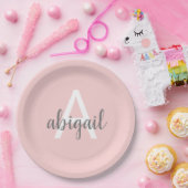Blush Pink Modern Grau Niedliches Monogramm Pappteller (Party)