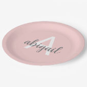 Blush Pink Modern Grau Niedliches Monogramm Pappteller (Schrägansicht)