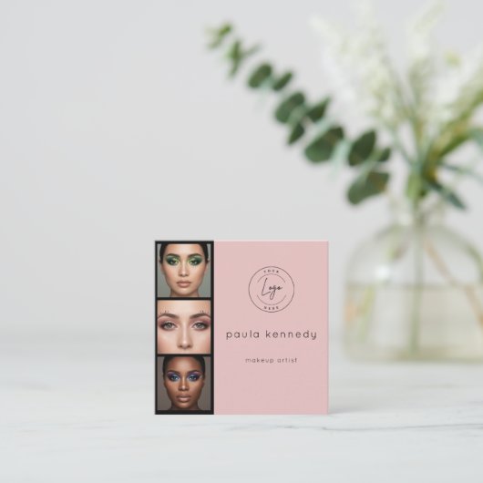 Blush Pink Modern Photo Makeup 3 Photo Square Quadratische Visitenkarte (Stehend Vorderseite)