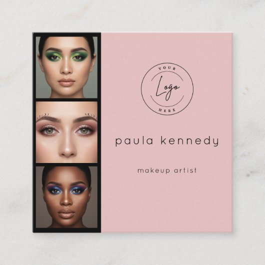 Blush Pink Modern Photo Makeup 3 Photo Square Quadratische Visitenkarte (Vorderseite)
