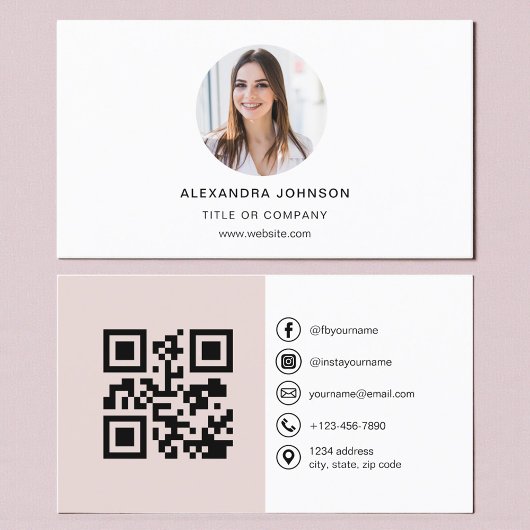 Blush Pink Modern Photo with QR Code Social Media Visitenkarte