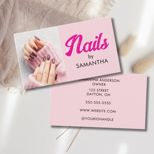 Blush Pink Modern Script Photo Nails Visitenkarte