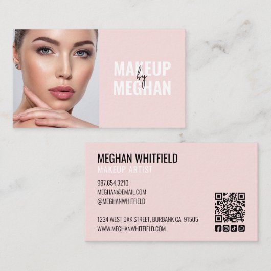 Blush Pink Modern Social Icon QR Code Photo Makeup Visitenkarte (Vorne/Hinten)