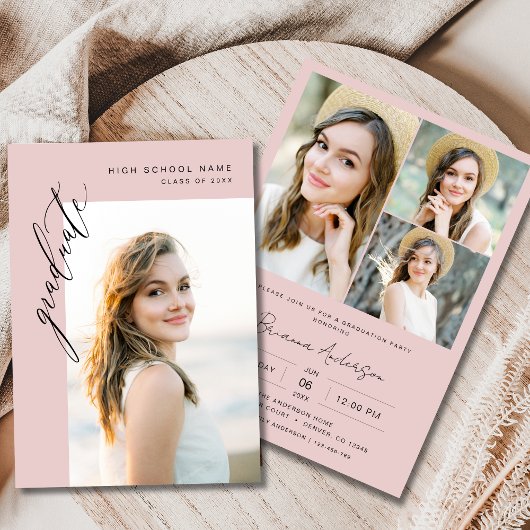 Blush Pink Moderne 2-Foto-Graduierungspartei Einladung