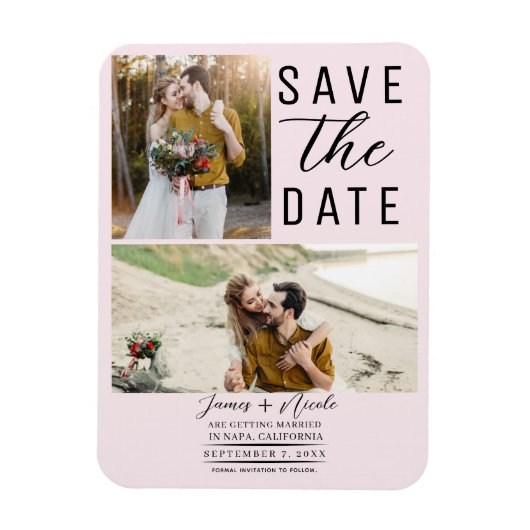 Blush Pink Moderne 2 Fotos Save the Date Hochzeit Magnet (Vertikal)