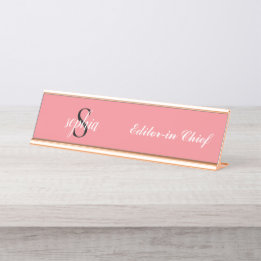 Blush Pink Moderne elegante Monogram Name Script Schreibtischnamensplakette