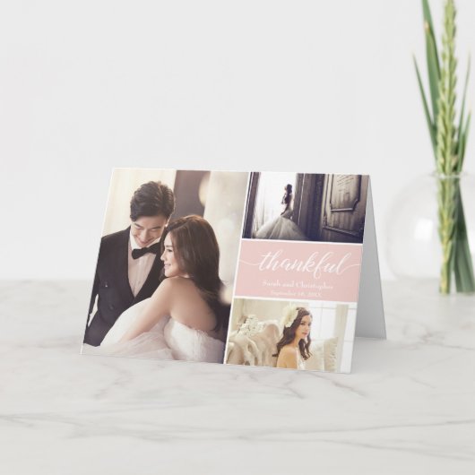 Blush pink Moderne Foto Collage Wedding Vielen Dan Karte (Vorderseite)
