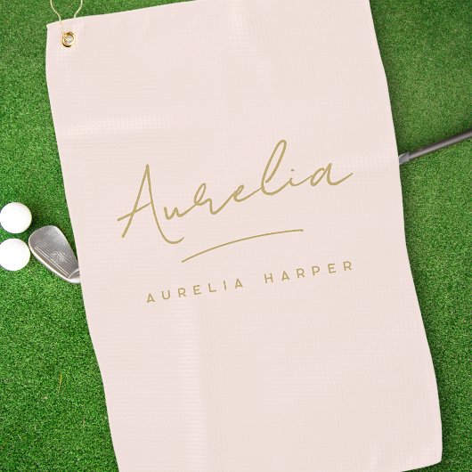 Blush Pink Moderne Gold Script Monogram Signature Golfhandtuch