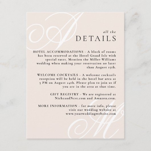 Blush Pink Moderne Kante Elegante Monogramm Detail Begleitkarte (Vorderseite)