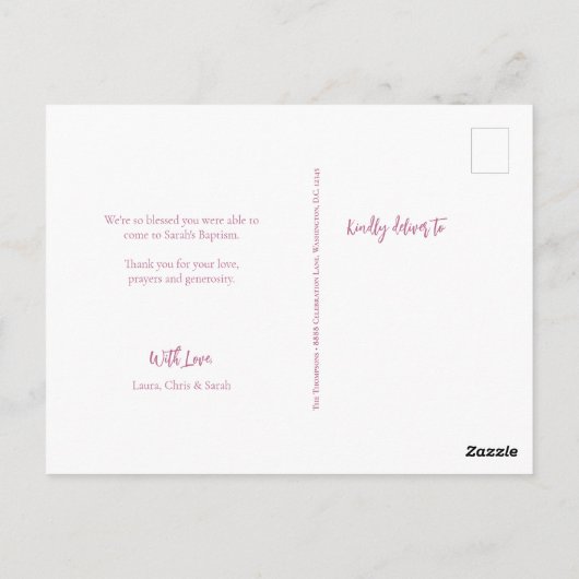 Blush pink Moderne Script Custom Girl Taufe Postkarte (Rückseite)