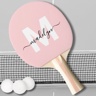 Blush Pink Moderner Skriptname Girl Monogram Tischtennis Schläger