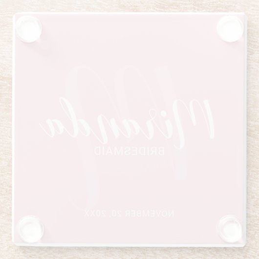 Blush Pink Modernes Drehbuch Personalisierte Bride Glasuntersetzer (Rückseite)
