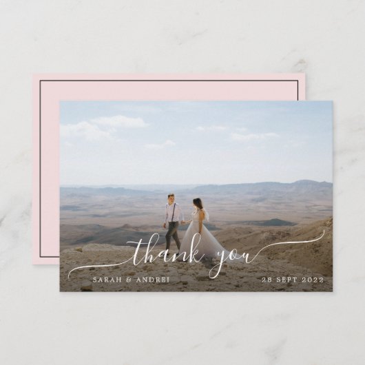 Blush Pink Modernes Foto Script Hochzeit Dankeskarte (Vorne/Hinten)