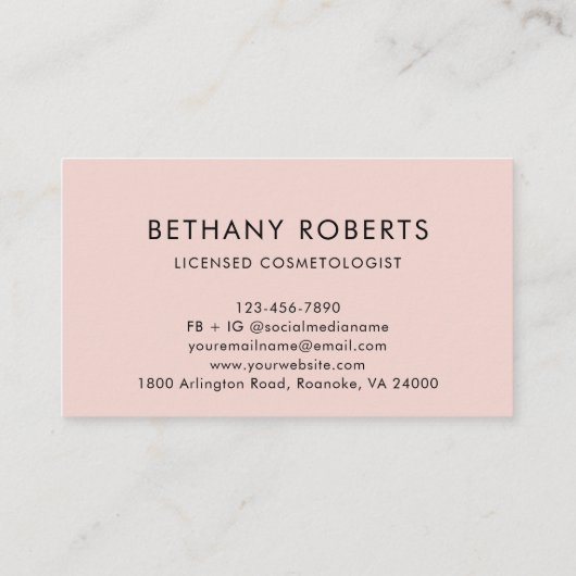 Blush Pink Modernes Script Haar und Makeup Visitenkarte (Rückseite)