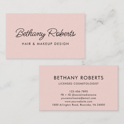 Blush Pink Modernes Script Haar und Makeup Visitenkarte (Vorne/Hinten)