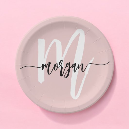 Blush Pink Modernes Script Name Girl Monogram Pappteller