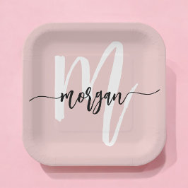 Blush Pink Modernes Script Name Girl Monogram Pappteller