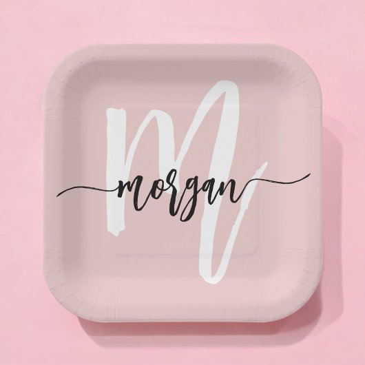Blush Pink Modernes Script Name Girl Monogram Pappteller