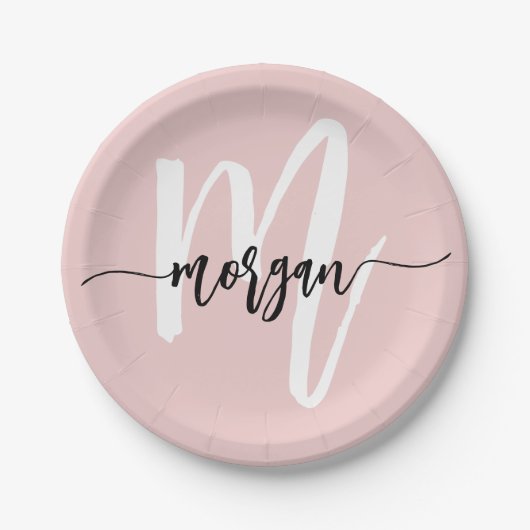 Blush Pink Modernes Script Name Girl Monogram Pappteller (Vorderseite)
