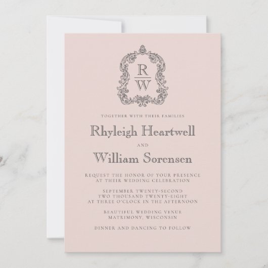 Blush Pink Monogram Crest QR Code Wedding Einladung (Vorderseite)