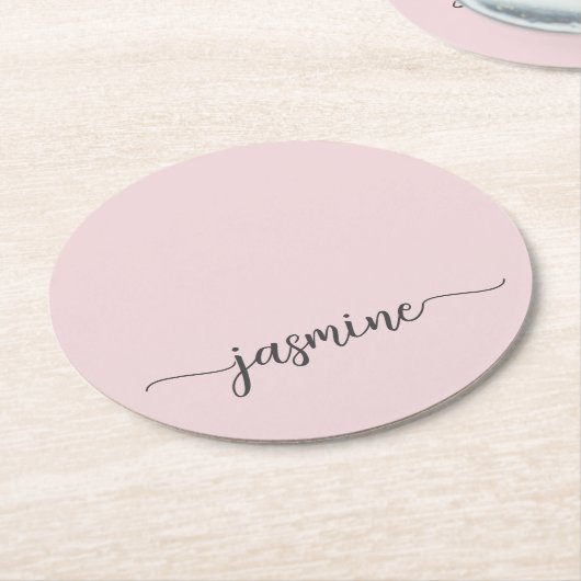 Blush Pink Monogram Name Script Chic Signature Runder Pappuntersetzer (Angewinkelt)