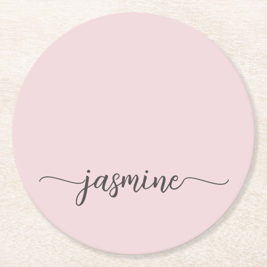 Blush Pink Monogram Name Script Chic Signature Runder Pappuntersetzer (Vorderseite)