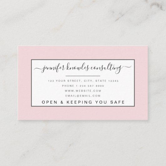 Blush Pink Monogram Script Minimal Open Covid Visitenkarte (Rückseite)